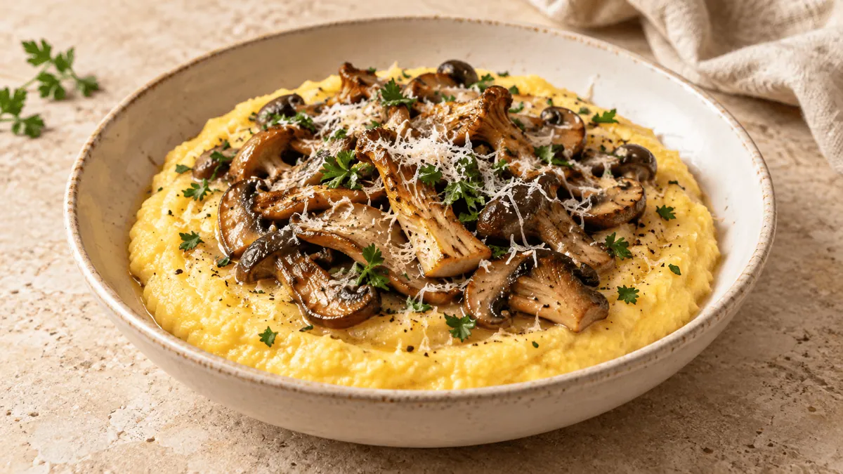 Polenta crémeuse garnie de champignons poêlés et de parmesan