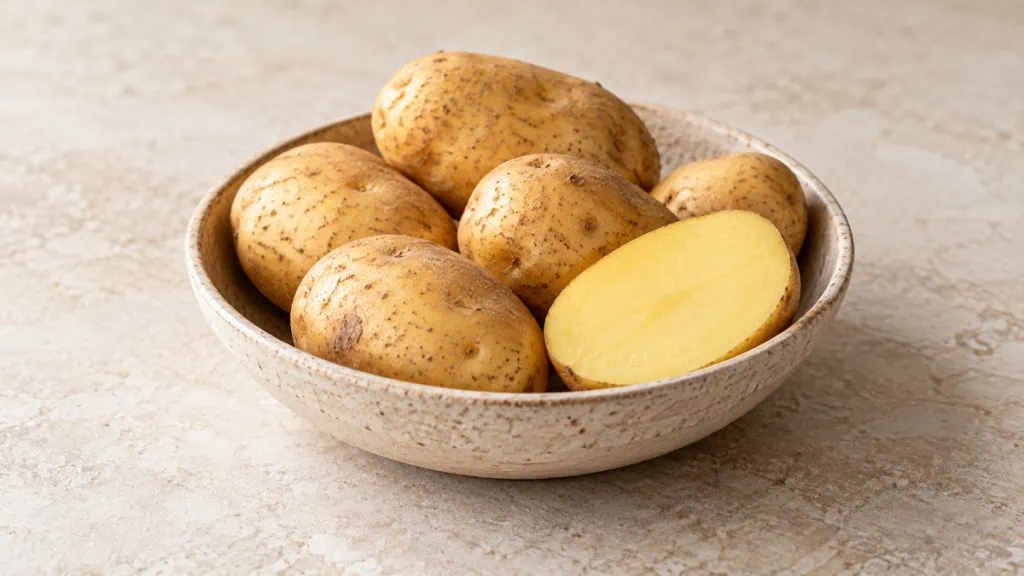 Pommes de terre à peau beige avec une pomme de terre coupée