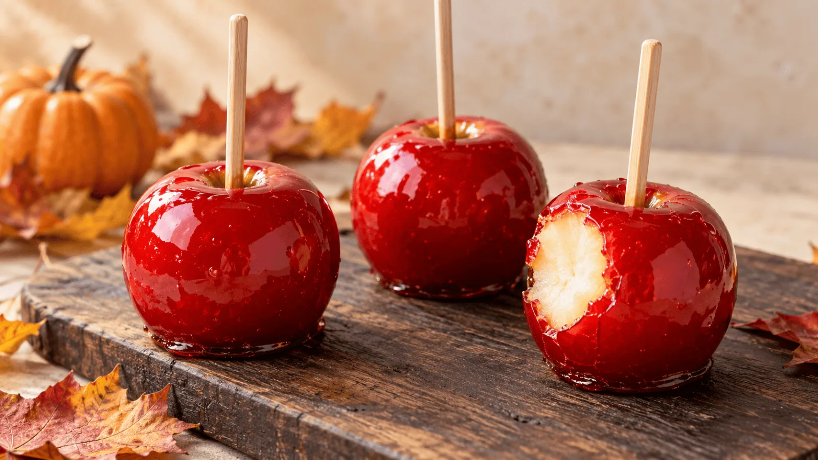 Pommes d’amour brillantes au caramel rouge sur bâtonnets, dont une croquée