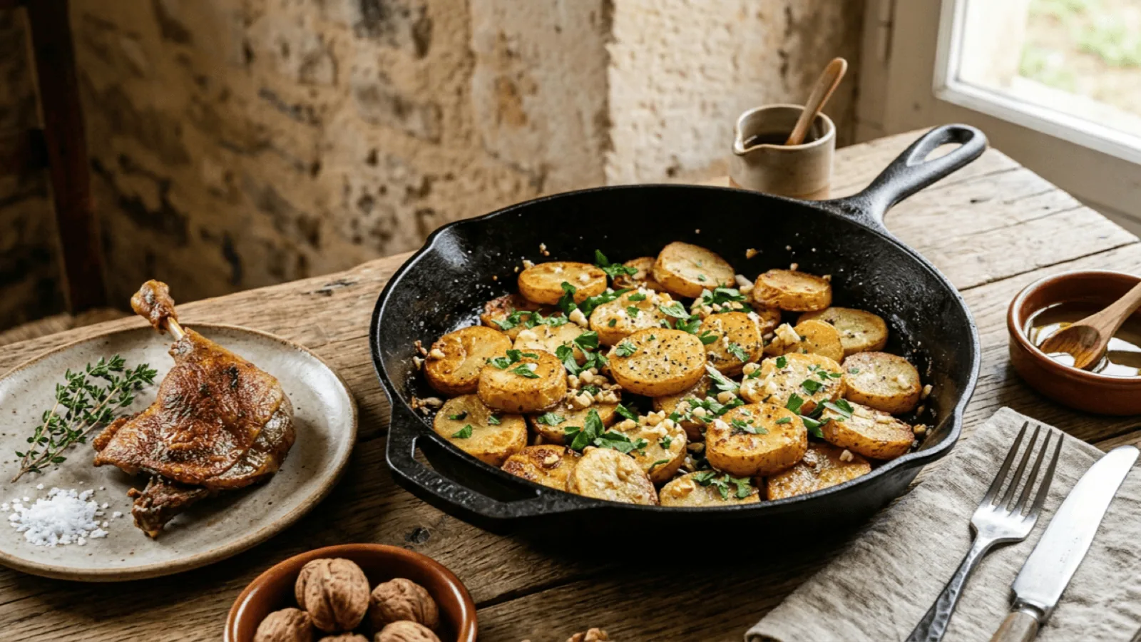 Pommes de terre sarladaises dorées à la graisse de canard avec ail et persil dans une poêle en fonte, à côté d’une cuisse de confit