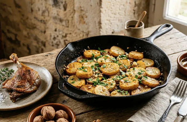 Pommes de terre sarladaises dorées à la graisse de canard avec ail et persil dans une poêle en fonte, à côté d’une cuisse de confit