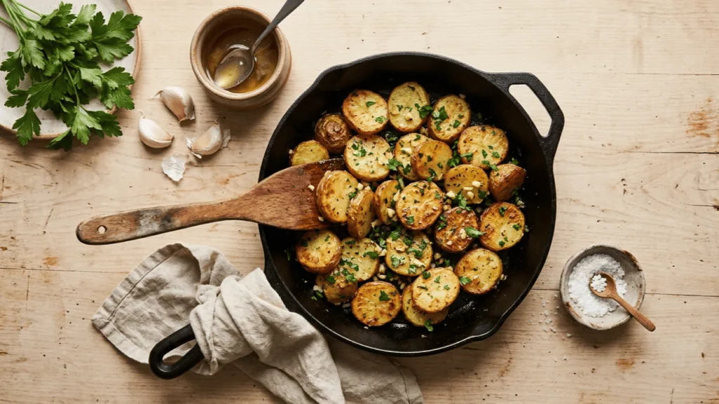 Pommes de terre sarladaises maison à la graisse de canard, ail et persil, dans une poêle en fonte