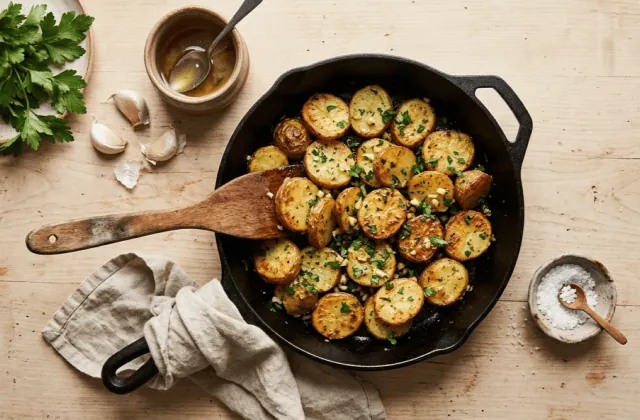 Pommes de terre sarladaises maison à la graisse de canard, ail et persil, dans une poêle en fonte