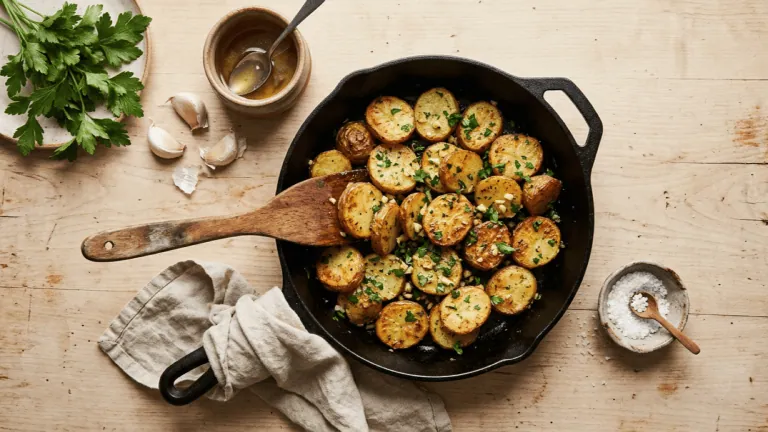Pommes de terre sarladaises maison à la graisse de canard, ail et persil, dans une poêle en fonte