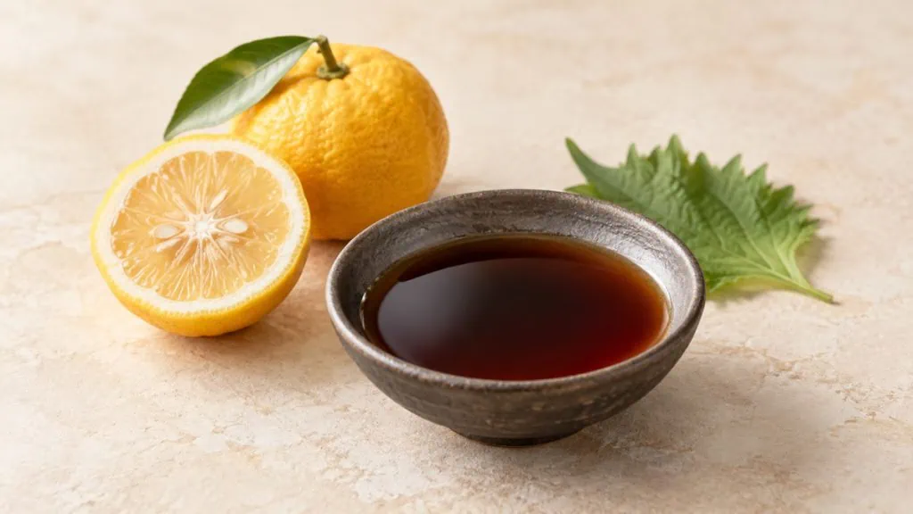 Sauce ponzu ambrée accompagnée d’un agrume yuzu