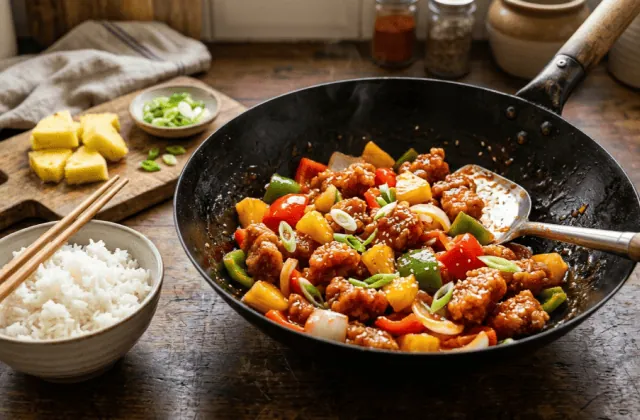 Porc aigre-doux à l’ananas et aux poivrons dans un wok, sauce rouge-orangé brillante, riz blanc et ananas