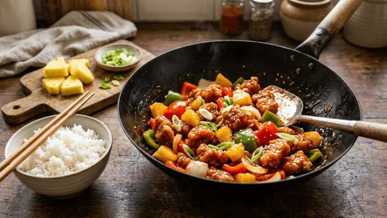 Porc aigre-doux à l’ananas et aux poivrons dans un wok, sauce rouge-orangé brillante, riz blanc et ananas