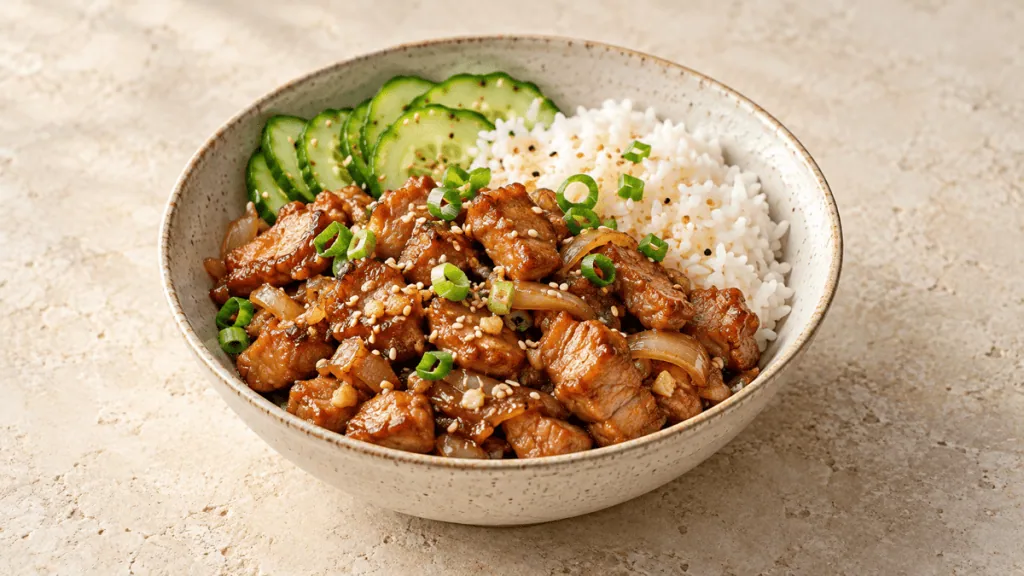 Porc au caramel express avec riz, concombre et ciboule