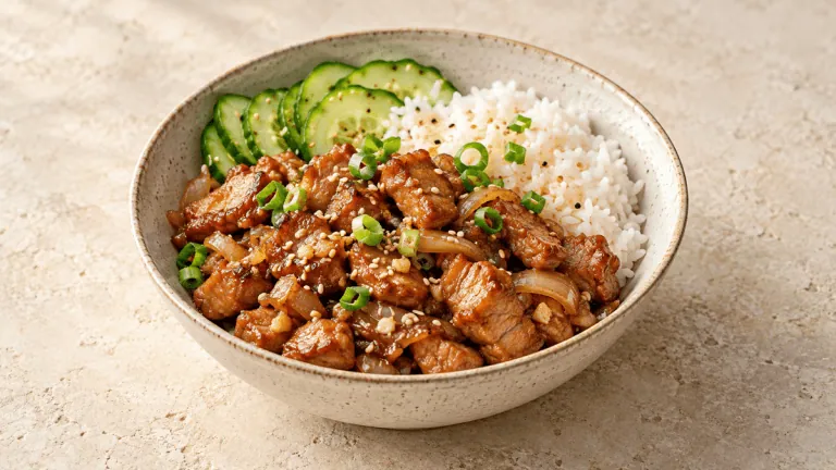 Porc au caramel express avec riz, concombre et ciboule