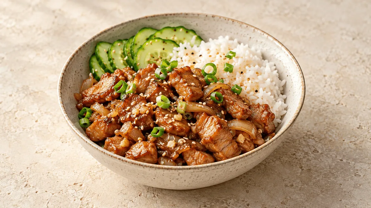 Porc au caramel express avec riz, concombre et ciboule