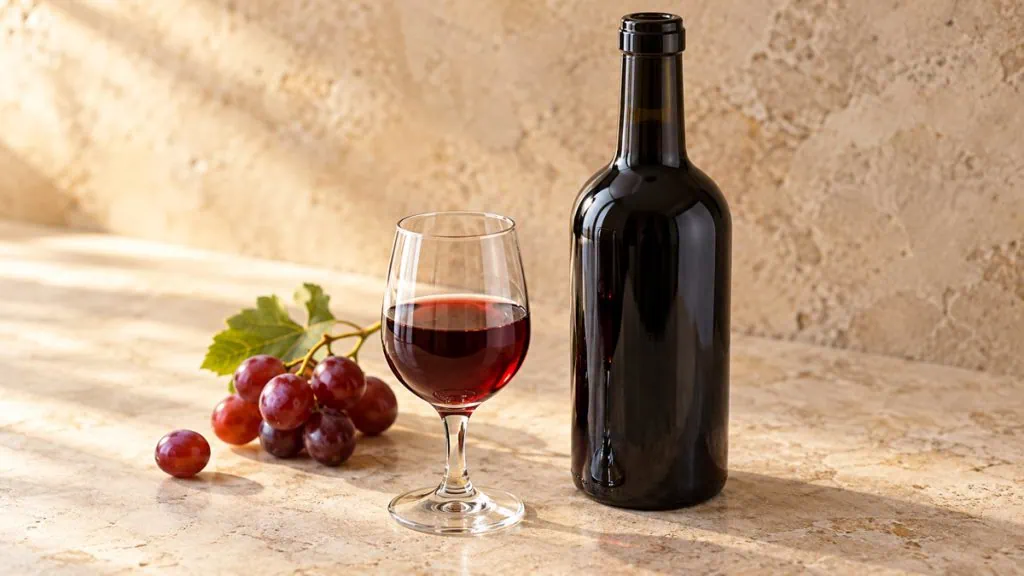 Verre de porto rouge accompagné d’une bouteille sombre