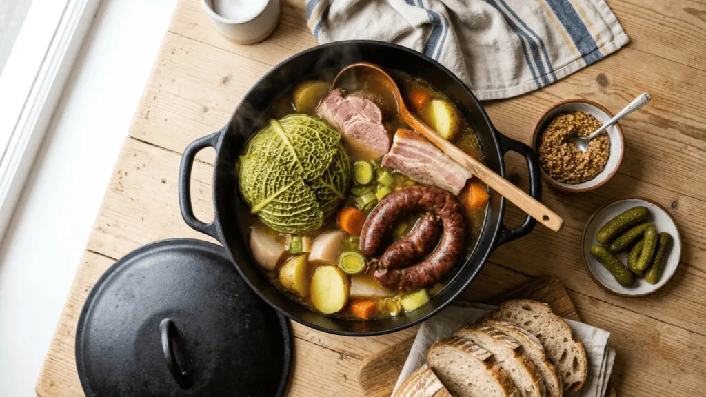 Potée auvergnate maison au chou et au petit salé dans sa cocotte, avec moutarde, cornichons et pain de campagne
