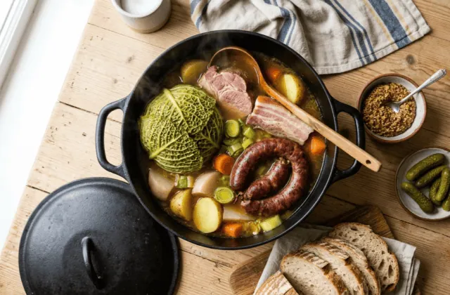 Potée auvergnate maison au chou et au petit salé dans sa cocotte, avec moutarde, cornichons et pain de campagne