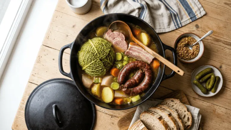 Potée auvergnate maison au chou et au petit salé dans sa cocotte, avec moutarde, cornichons et pain de campagne