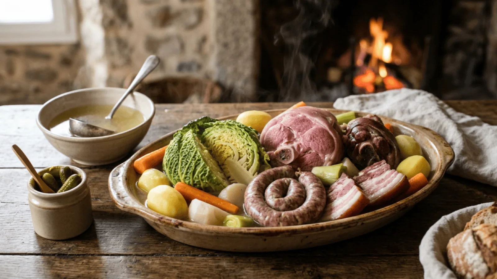 Potée auvergnate sur un grand plat : chou vert, palette et poitrine de porc demi-sel, jarret, saucisse, pommes de terre, carottes, navets et poireaux, devant une cheminée