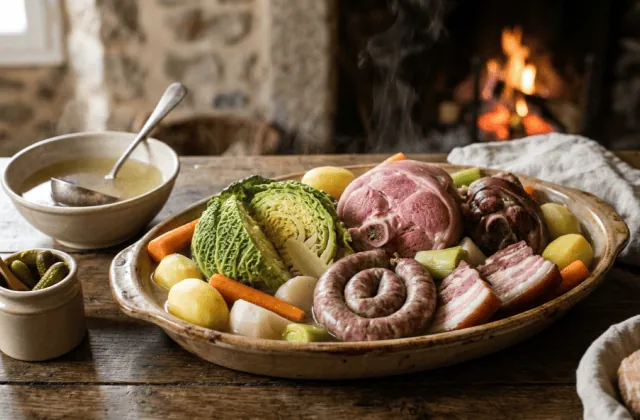 Potée auvergnate sur un grand plat : chou vert, palette et poitrine de porc demi-sel, jarret, saucisse, pommes de terre, carottes, navets et poireaux, devant une cheminée