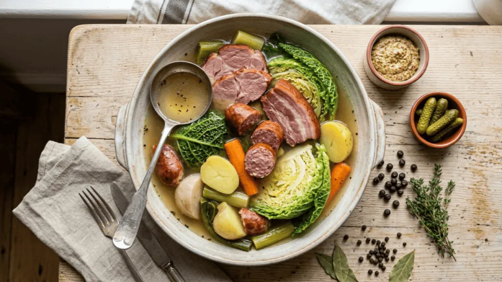 Potée lorraine maison au chou et au porc fumé dans un grand plat creux, avec moutarde, cornichons et genièvre