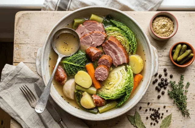 Potée lorraine maison au chou et au porc fumé dans un grand plat creux, avec moutarde, cornichons et genièvre