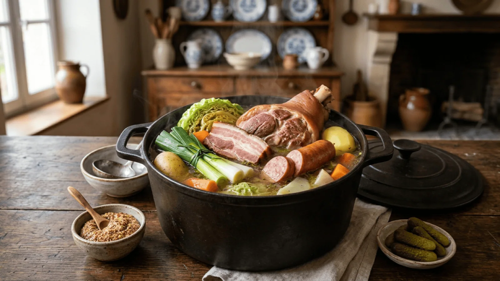 Potée lorraine fumante dans sa cocotte : palette et lard fumés, saucisse de Morteau, chou vert, pommes de terre, carottes, navets et poireaux