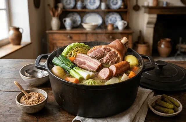Potée lorraine fumante dans sa cocotte : palette et lard fumés, saucisse de Morteau, chou vert, pommes de terre, carottes, navets et poireaux