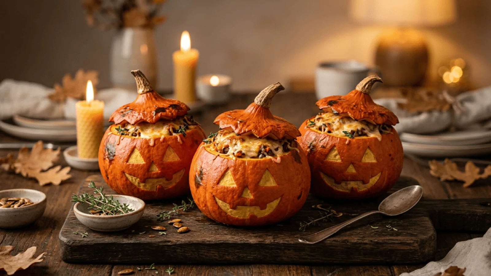 Potimarrons farcis d’Halloween : visage de citrouille gravé dans la peau, chapeau entrouvert sur une farce de viande gratinée