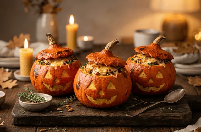 Potimarrons farcis d’Halloween : visage de citrouille gravé dans la peau, chapeau entrouvert sur une farce de viande gratinée