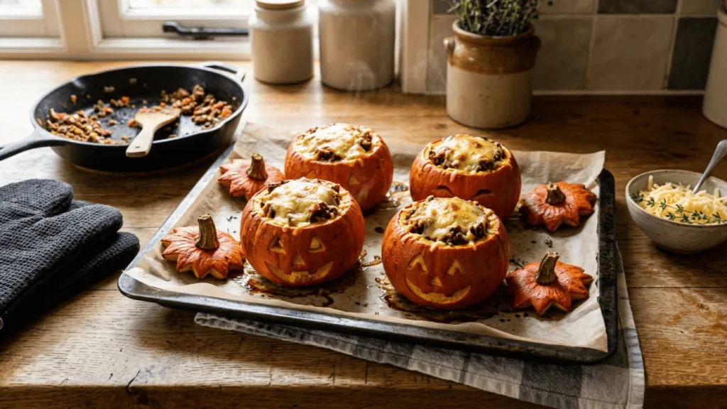 Potimarrons farcis à la viande et au fromage tout juste gratinés sur la plaque, chapeaux posés à côté