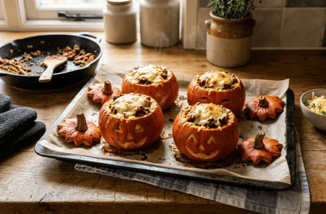 Potimarrons farcis à la viande et au fromage tout juste gratinés sur la plaque, chapeaux posés à côté