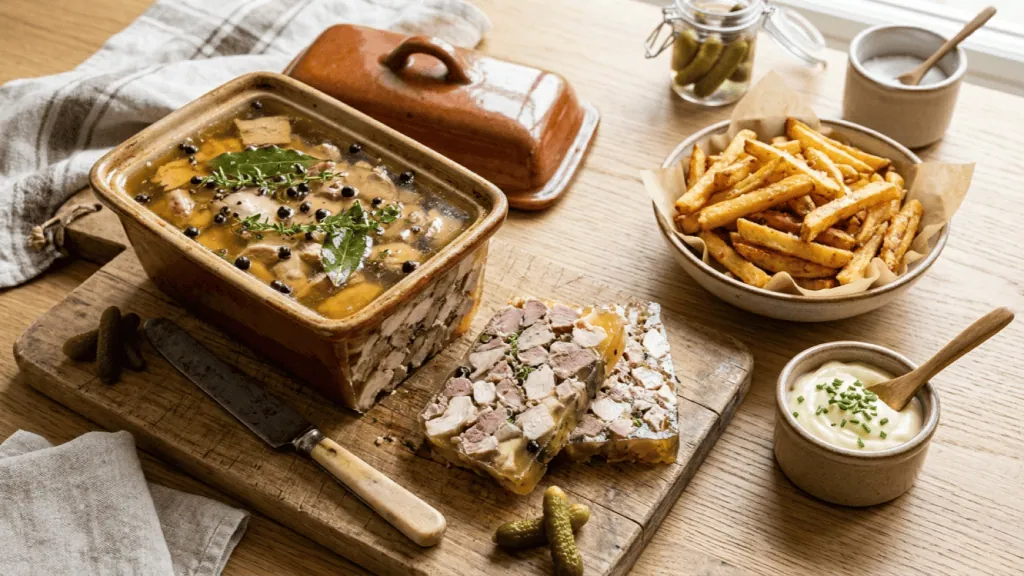 Potjevleesch flamand maison aux trois viandes en terrine, deux tranches coupées, avec frites et mayonnaise