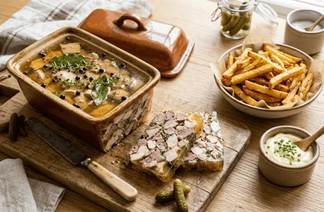 Potjevleesch flamand maison aux trois viandes en terrine, deux tranches coupées, avec frites et mayonnaise