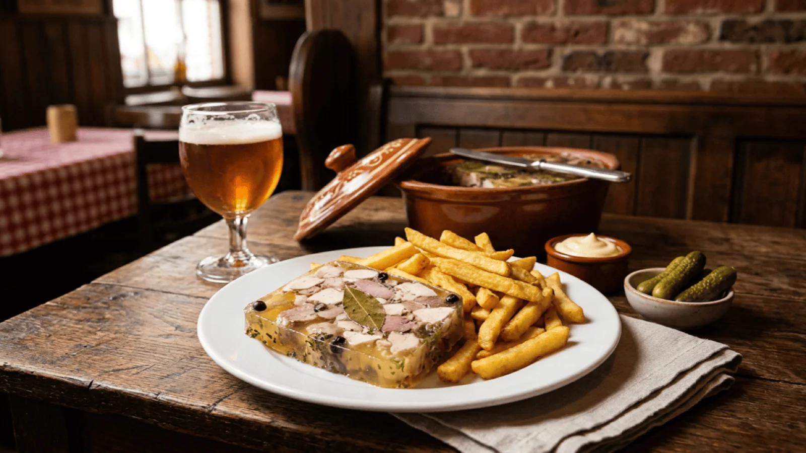 Tranche de potjevleesch en gelée dorée servie avec des frites chaudes, mayonnaise et cornichons dans un estaminet flamand