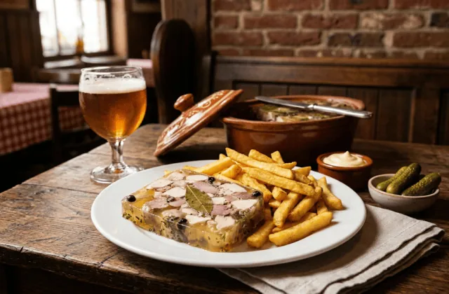 Tranche de potjevleesch en gelée dorée servie avec des frites chaudes, mayonnaise et cornichons dans un estaminet flamand