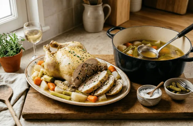 Poule au pot farcie à la béarnaise : poule pochée et tranches de farce, légumes du pot-au-feu, cocotte de bouillon et cornichons