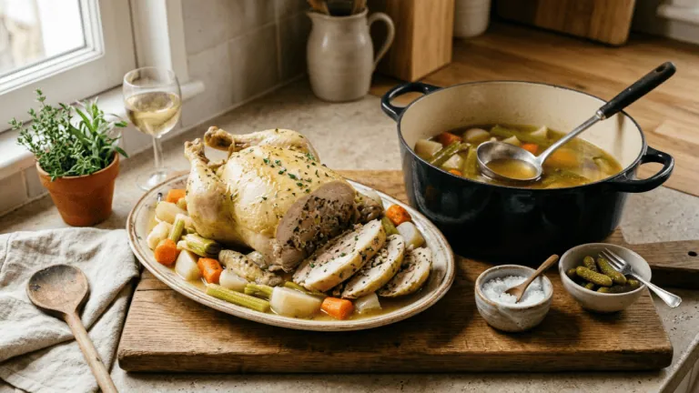 Poule au pot farcie à la béarnaise : poule pochée et tranches de farce, légumes du pot-au-feu, cocotte de bouillon et cornichons