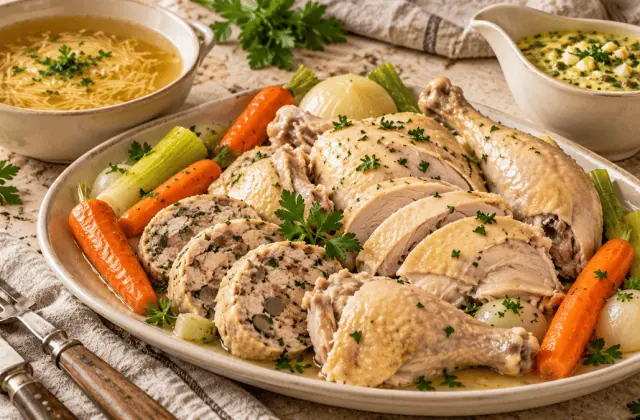 Poule au pot farcie à la béarnaise avec ses légumes