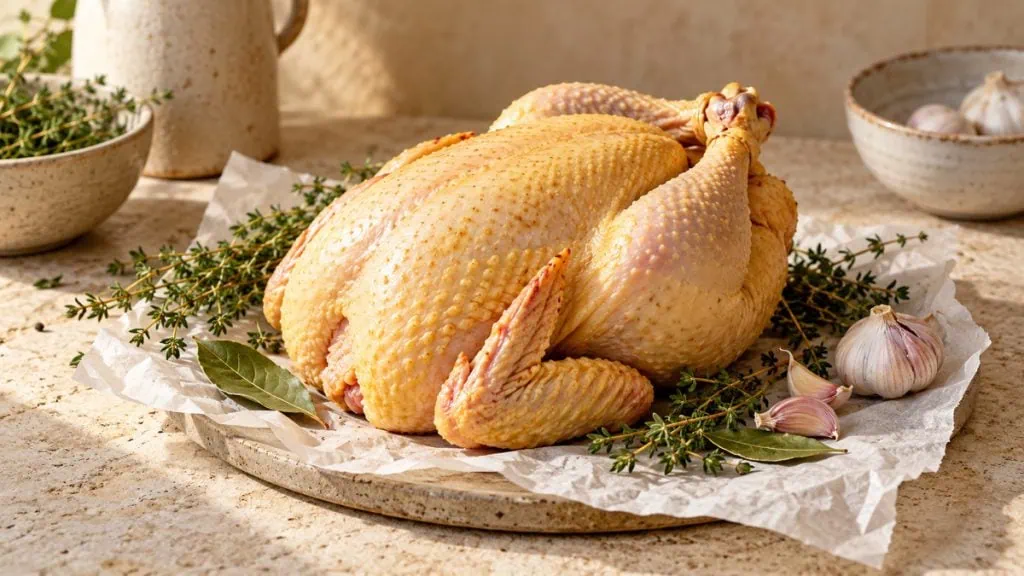 Poule entière crue préparée avec aromates