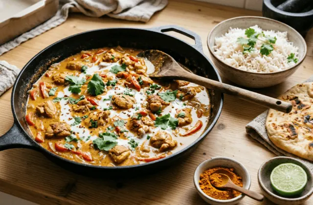 Poulet au curry et lait de coco dans une poêle, sauce dorée crémeuse, coriandre, riz basmati et naan