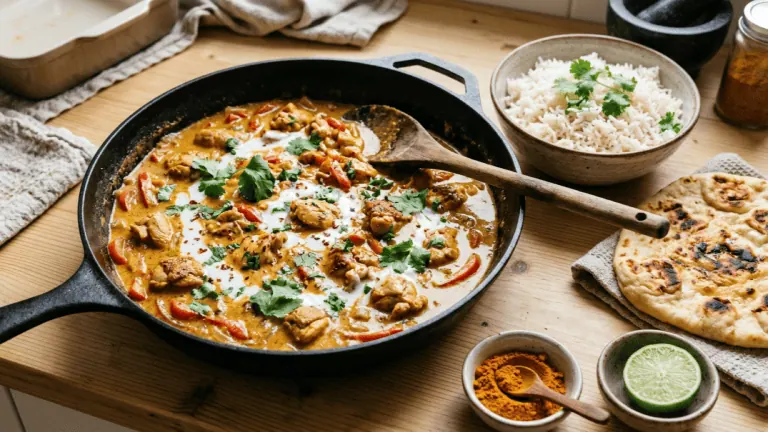 Poulet au curry et lait de coco dans une poêle, sauce dorée crémeuse, coriandre, riz basmati et naan