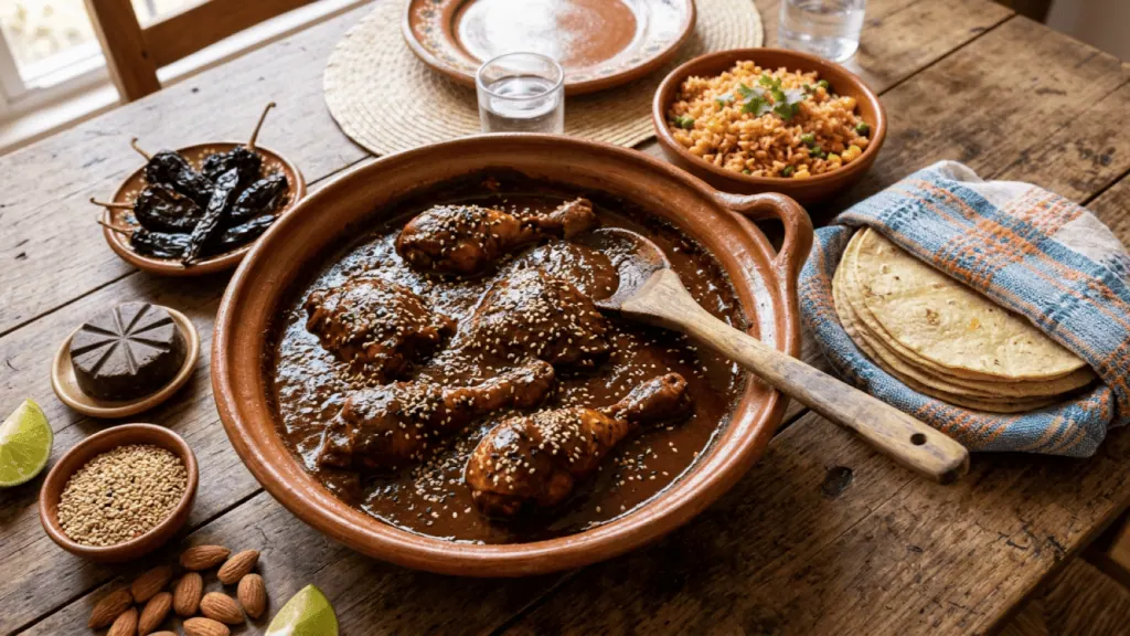 Poulet au mole poblano en cassole, sauce sombre brillante au sésame, tortillas de maïs, riz mexicain, piments secs et chocolat