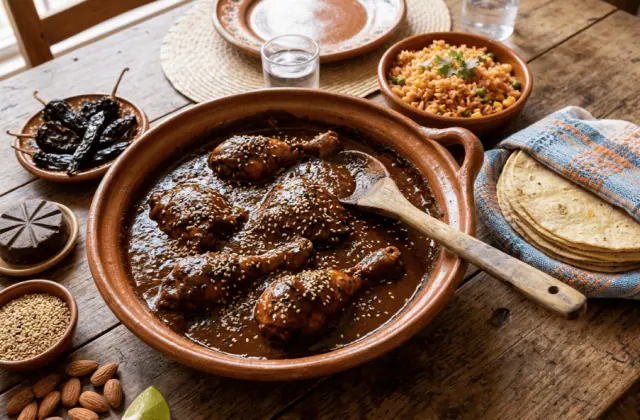 Poulet au mole poblano en cassole, sauce sombre brillante au sésame, tortillas de maïs, riz mexicain, piments secs et chocolat