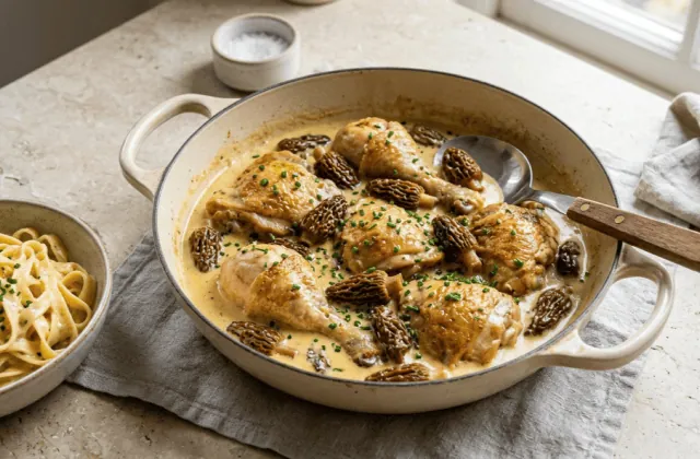 Poulet au vin jaune aux morilles maison dans une cocotte crème, sauce onctueuse et tagliatelles