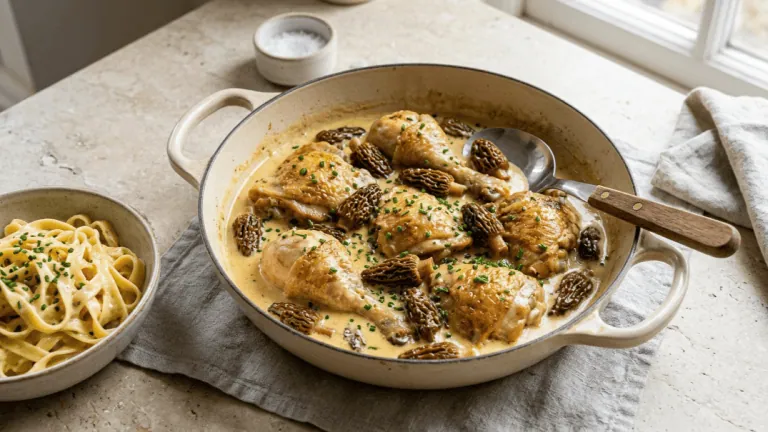 Poulet au vin jaune aux morilles maison dans une cocotte crème, sauce onctueuse et tagliatelles