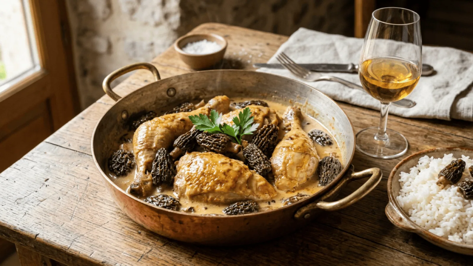 Poulet au vin jaune et aux morilles dans une sauteuse en cuivre, sauce crémée, verre de vin jaune et riz