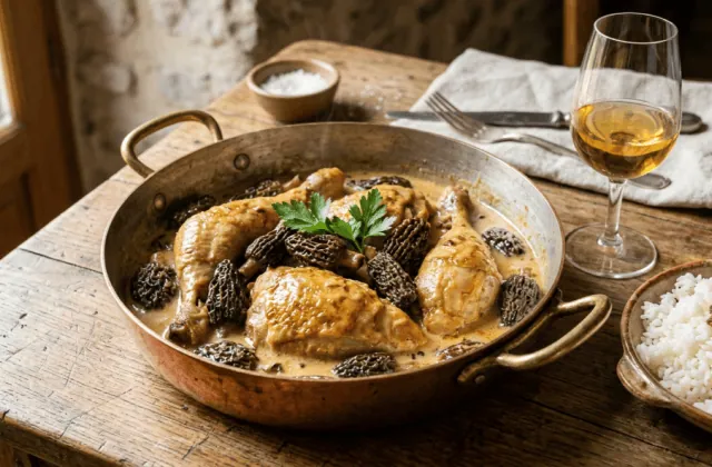 Poulet au vin jaune et aux morilles dans une sauteuse en cuivre, sauce crémée, verre de vin jaune et riz