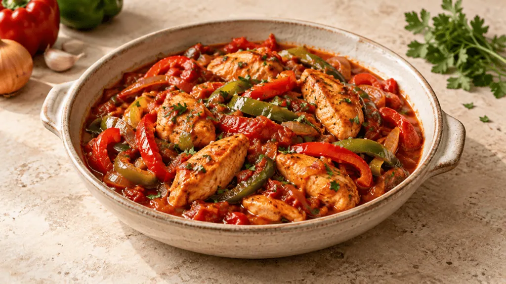 Poulet basquaise express aux poivrons rouges et verts et à la tomate