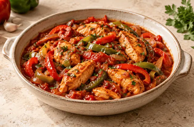 Poulet basquaise express aux poivrons rouges et verts et à la tomate