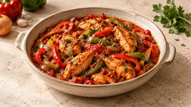 Poulet basquaise express aux poivrons rouges et verts et à la tomate