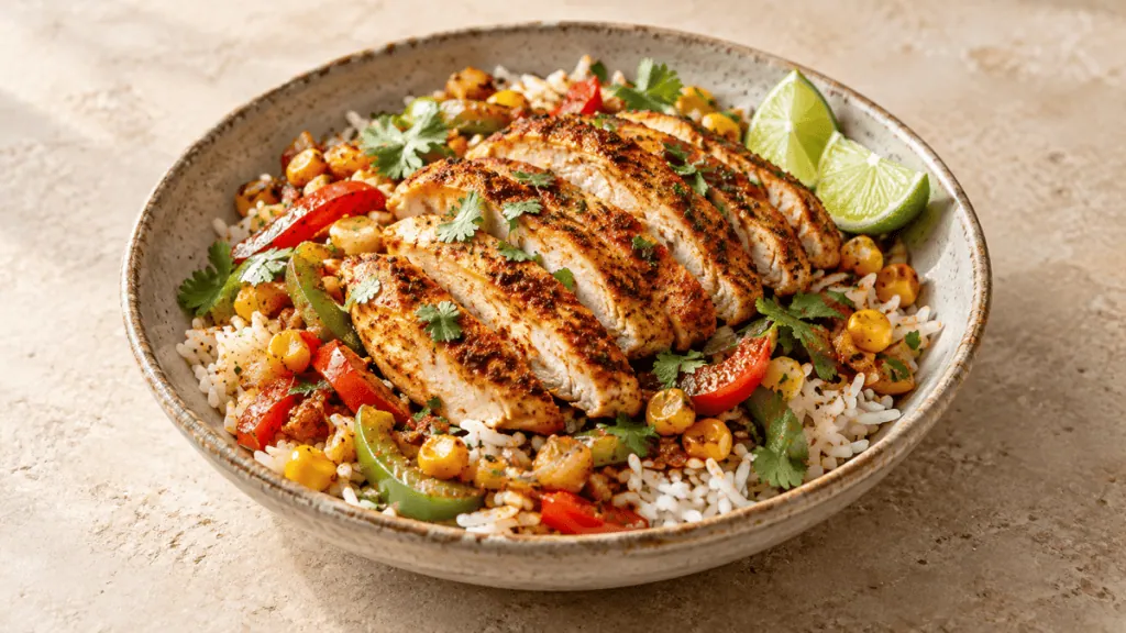 Poulet cajun poêlé avec riz, poivrons et maïs