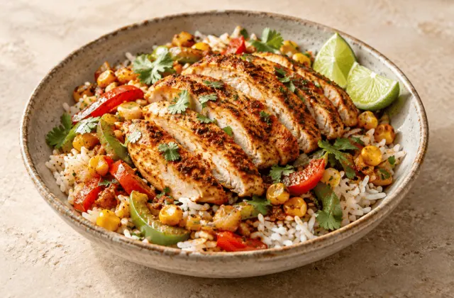 Poulet cajun poêlé avec riz, poivrons et maïs