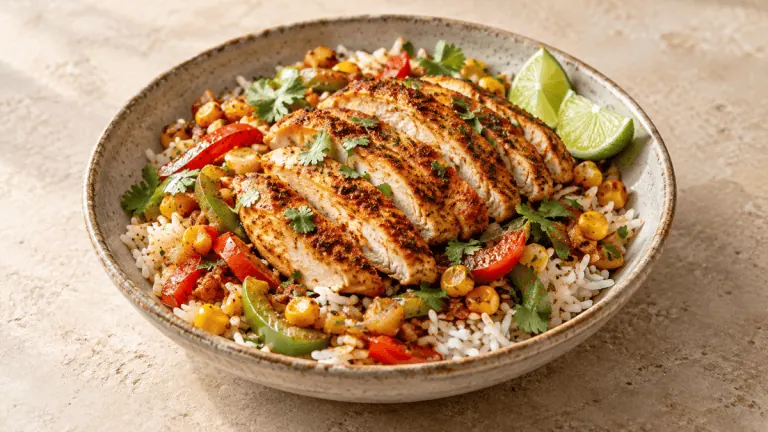 Poulet cajun poêlé avec riz, poivrons et maïs